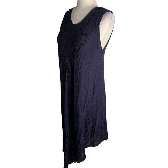 Embroidered Sleeveless Sun Dress S-L Navy Blue Cover Up Rayon Round Hem - Picture 3 of 5